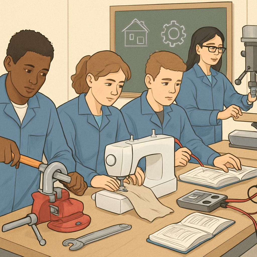 A group of students engaged in a hands-on vocational training session, showcasing alternative pathways to success. Students participating in vocational training as a career alternative