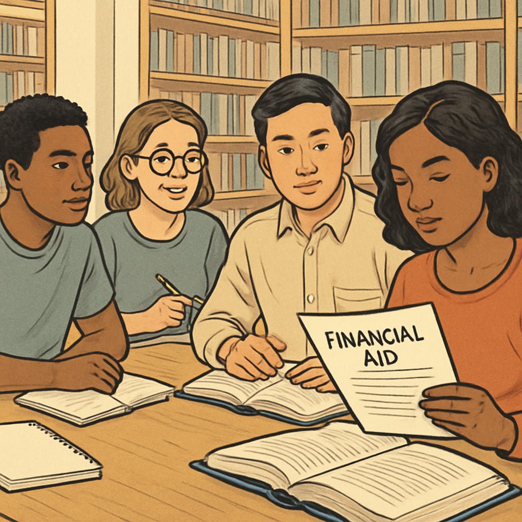 Immigrant students discussing financial aid challenges at a library, relevant to Oxford University and tuition fees.