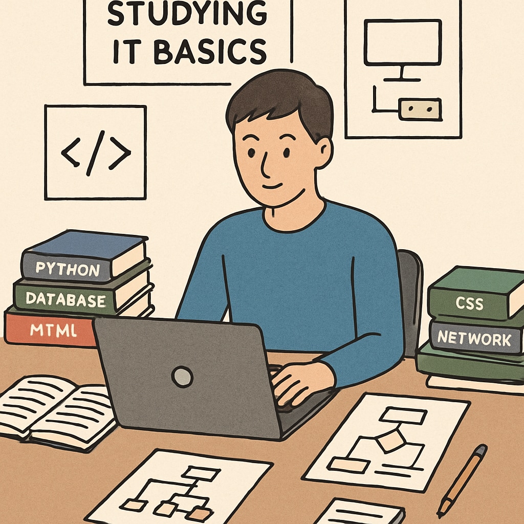 A person using a laptop, surrounded by books and coding resources, symbolizing the process of learning IT basics. A student learning IT basics for a professional career in information technology.