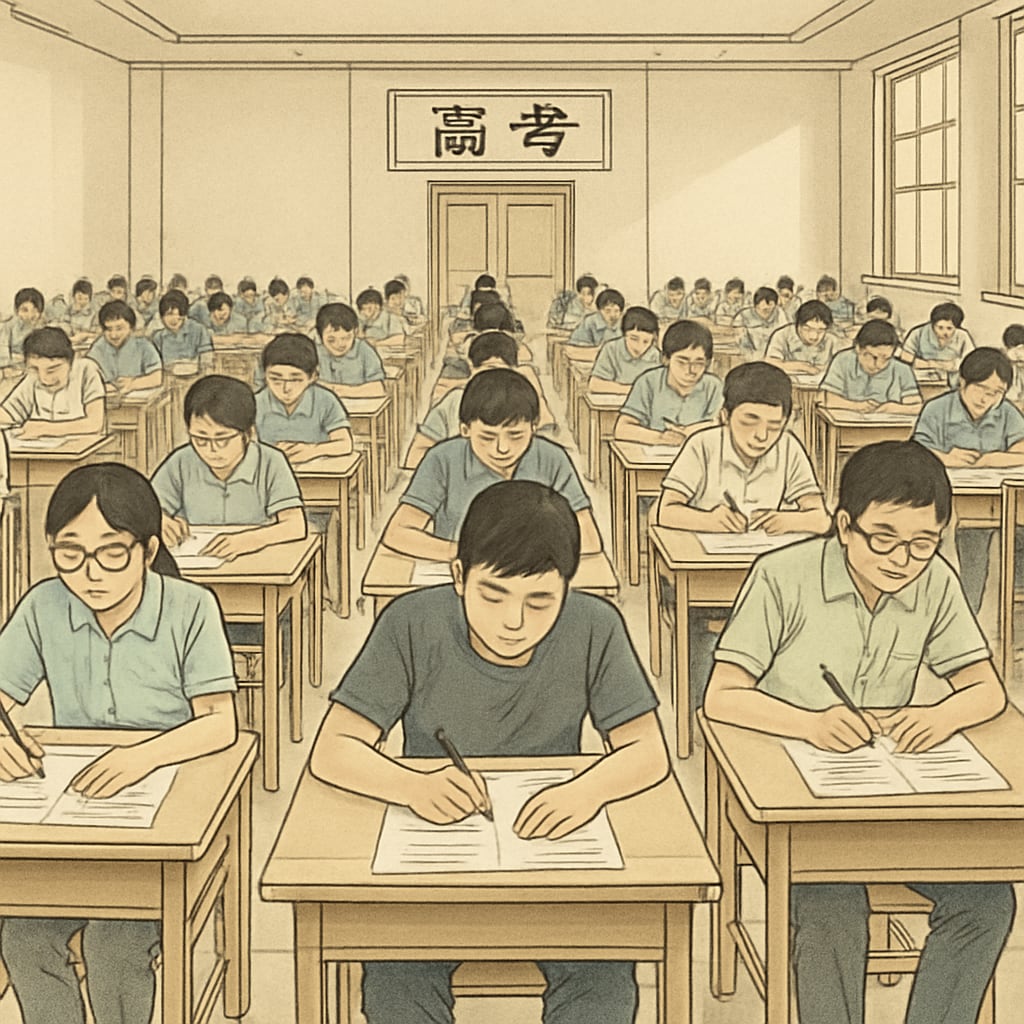Chinese students taking the gaokao exam in a large, orderly testing hall. Chinese students in a testing hall for the gaokao exam.