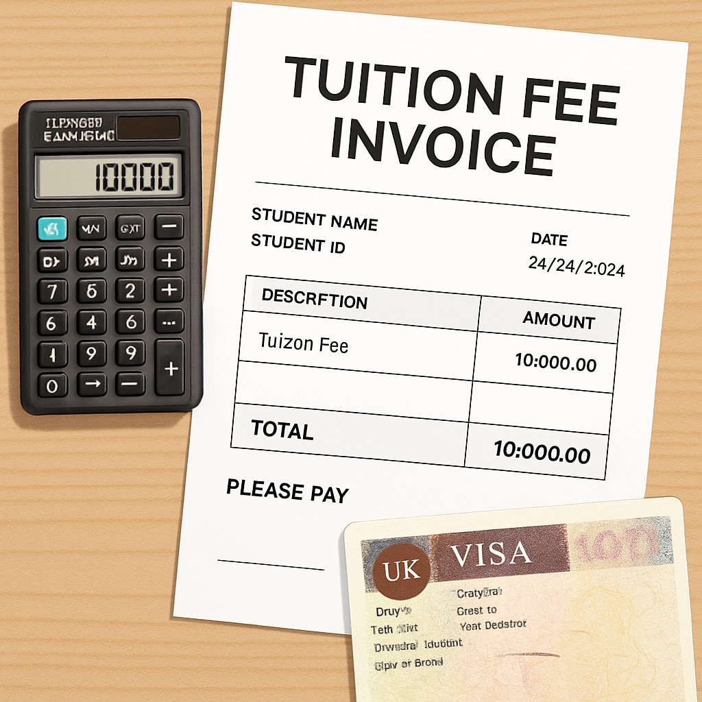 A tuition fee invoice alongside a UK visa document, illustrating economic challenges for immigrant students.