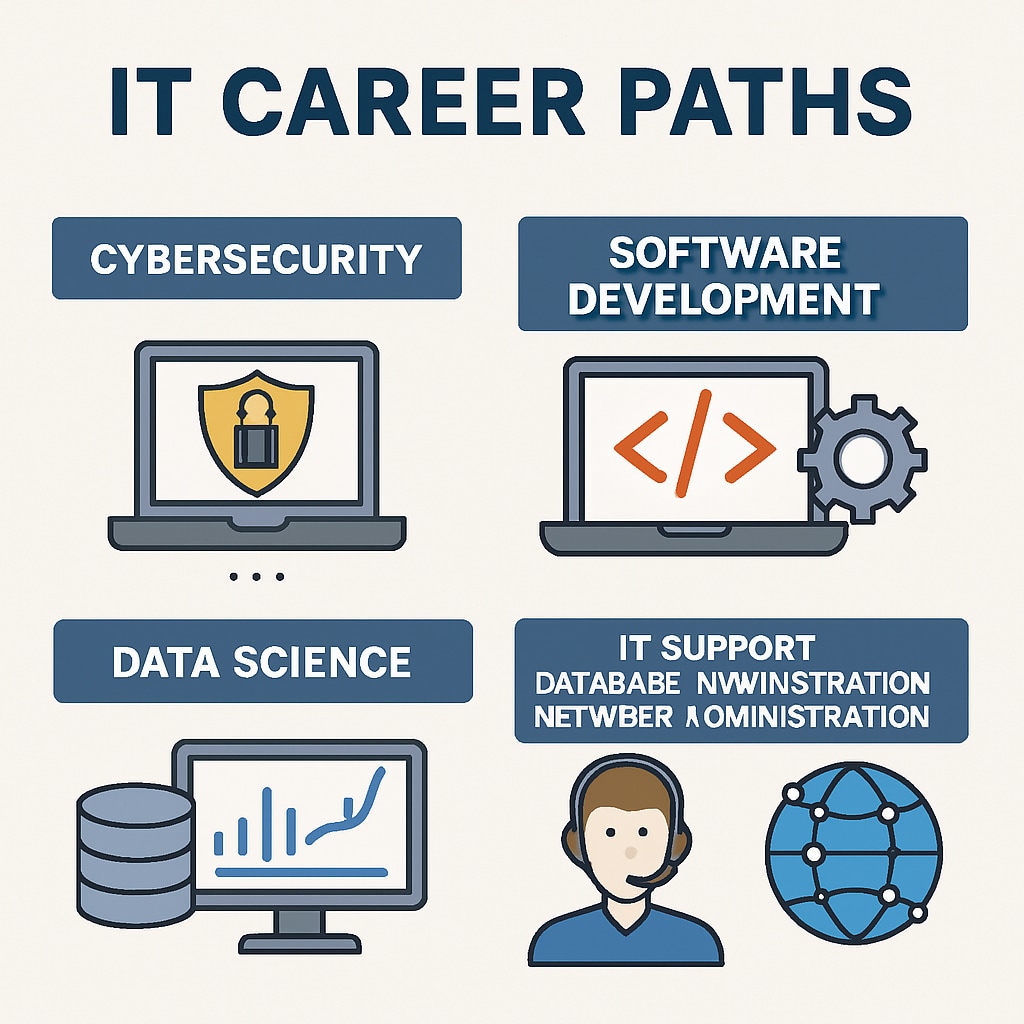 Diagram showcasing the various IT career paths, such as cybersecurity, software development, and data science. Visual representation of IT career paths for university students.