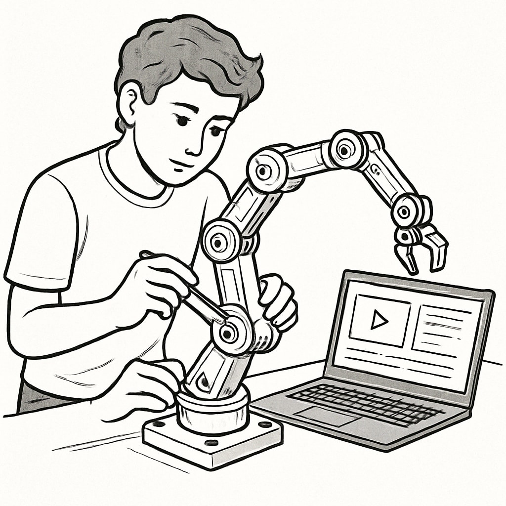 A young mechanical engineering student working on a robotic arm prototype while studying online via a laptop. Mechanical engineering student studying online and working on a robotic arm prototype.