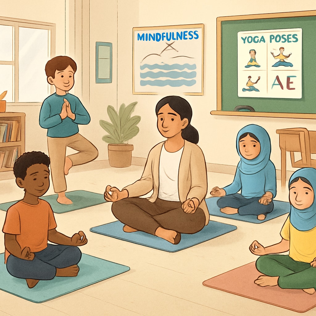 Students practicing yoga and mindfulness exercises in a classroom environment.