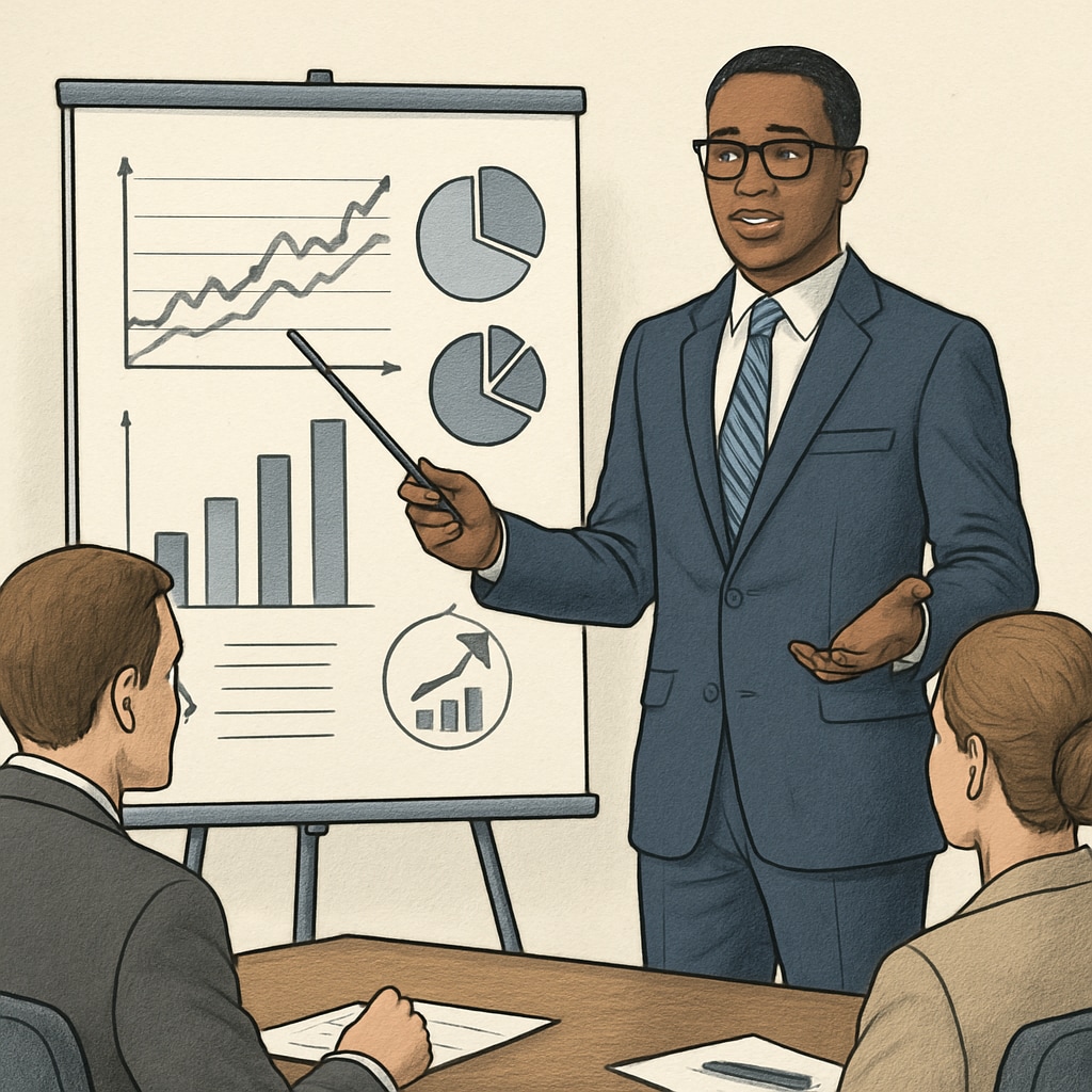 Professional presenting financial data insights during a meeting.