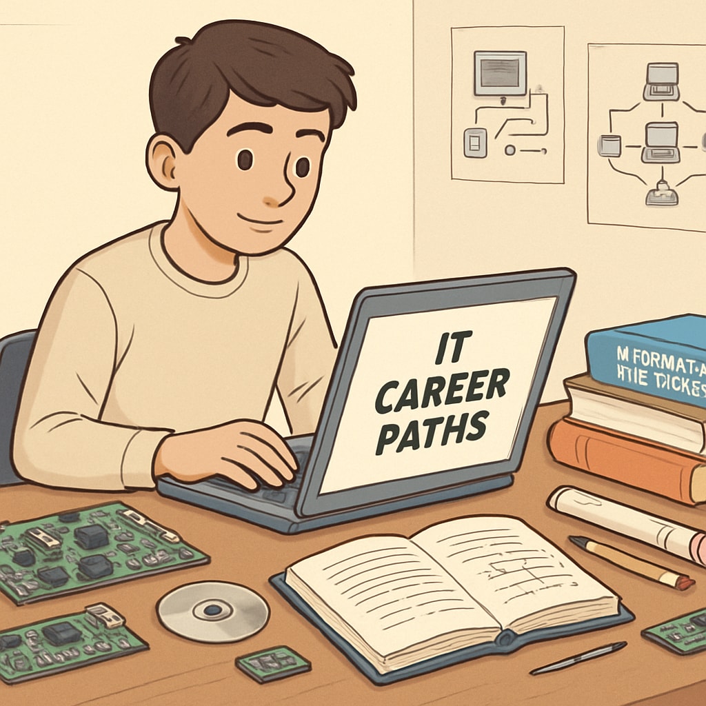 A young student researching IT career paths on a laptop, surrounded by technology-related items like circuit boards and books. Student exploring IT career paths on a laptop