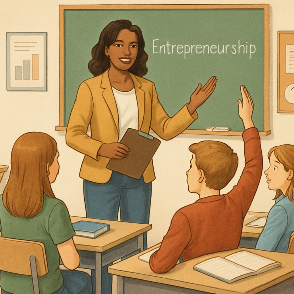 Female entrepreneur discussing leadership with students in a classroom.