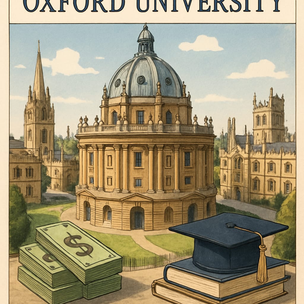 Oxford University's iconic campus, representing immigrant students' financial challenges and aspirations.