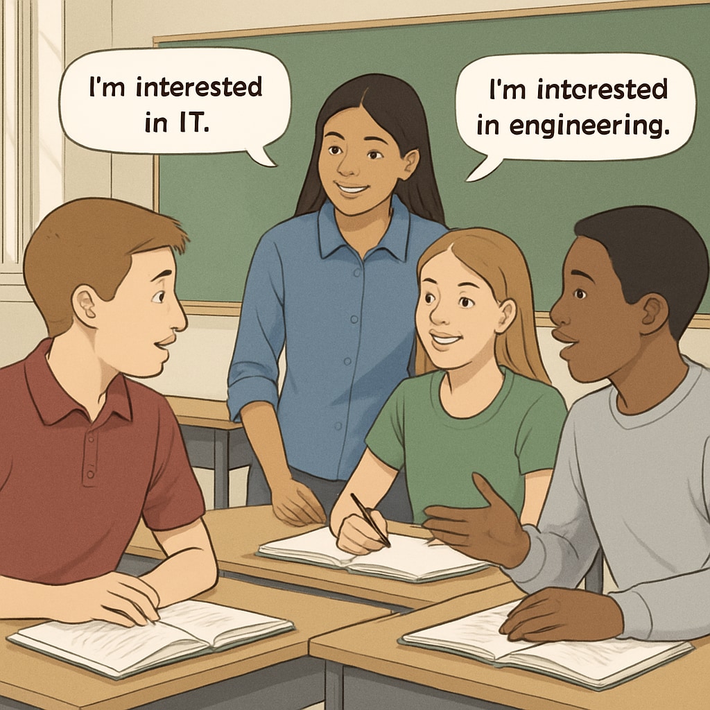 A classroom setting where students are discussing their interests in IT, engineering, and safety-related fields. Students discussing IT, engineering, and safety career paths