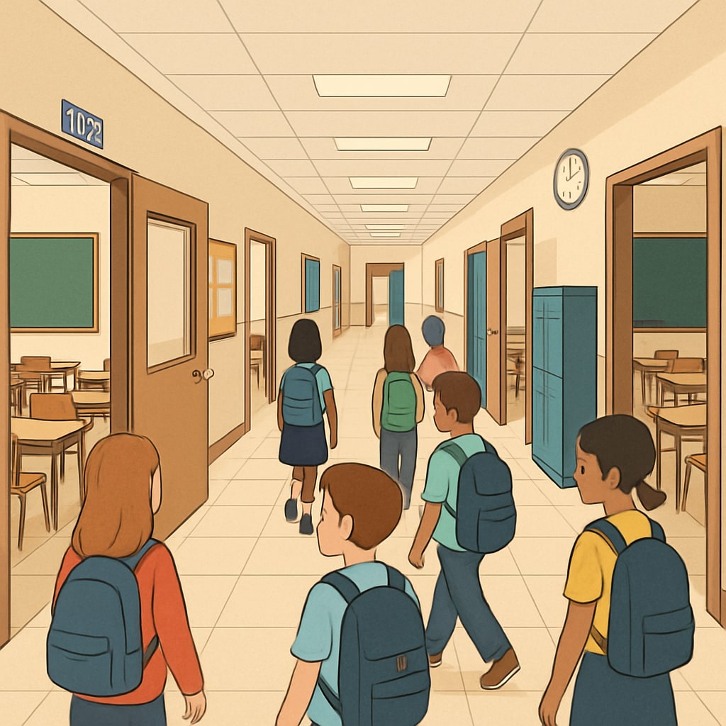 A busy school hallway with empty classrooms, symbolizing the impact of coordinated teacher absences. Empty classrooms representing the