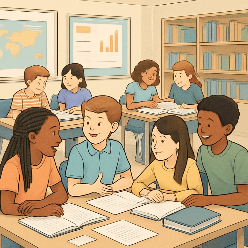 A collaborative learning environment in a US classroom, emphasizing discussion and teamwork among students. US classroom with students engaging in group projects, reflecting creativity in education.
