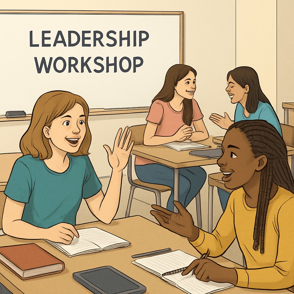 A classroom scene with female students engaging in a leadership workshop, discussing ideas with enthusiasm. Female students during a leadership workshop, discussing ideas with enthusiasm.