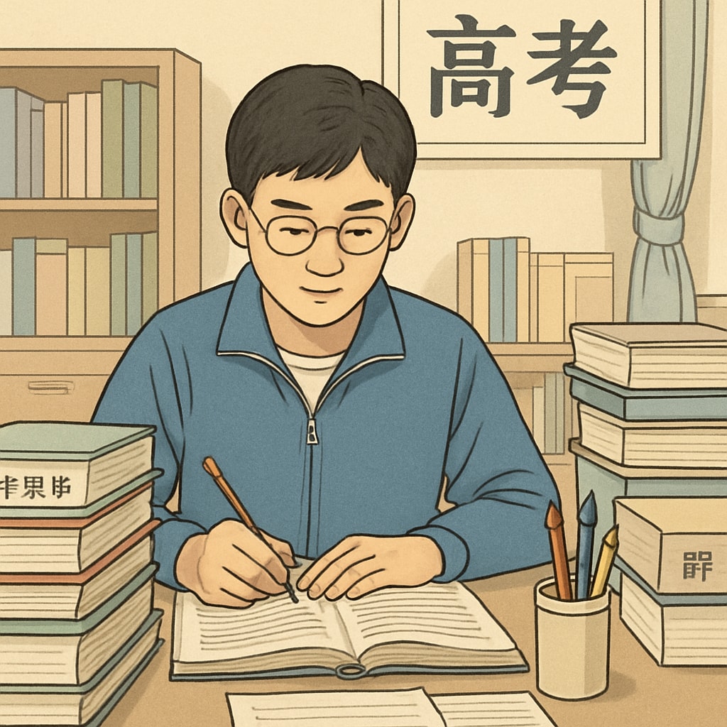 A Chinese student preparing for the Gaokao exam, surrounded by textbooks in a dedicated study space. Chinese student studying for the Gaokao, highlighting academic rigor in education.