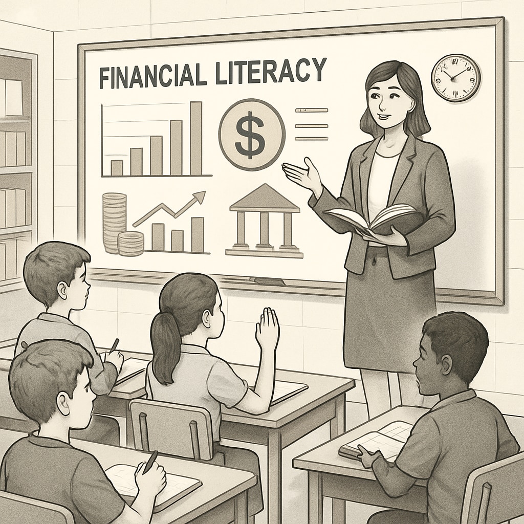 A classroom setting where students are learning about financial literacy, including charts and graphs representing real-world data. Students learning financial literacy through charts and graphs in a classroom.