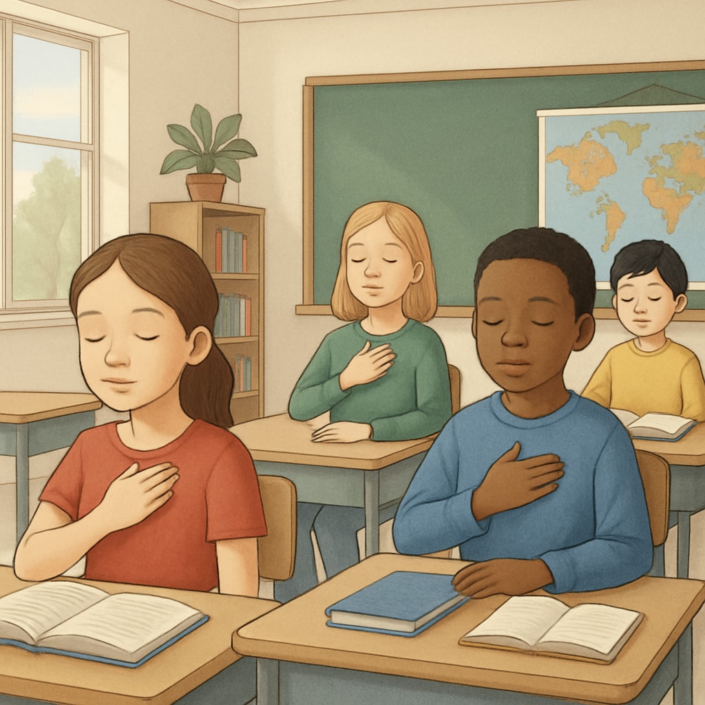 A serene classroom setting with students practicing mindfulness exercises inspired by Sadhguru. Students in a classroom practicing mindfulness exercises inspired by Sadhguru.