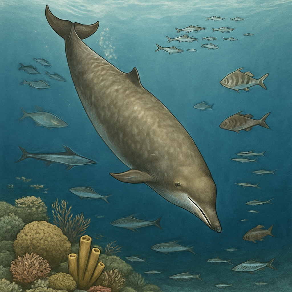 A vivid illustration of Cuvier’s beaked whale diving deep into the ocean, surrounded by other sea life. Cuvier’s beaked whale diving deep into the ocean among marine life.