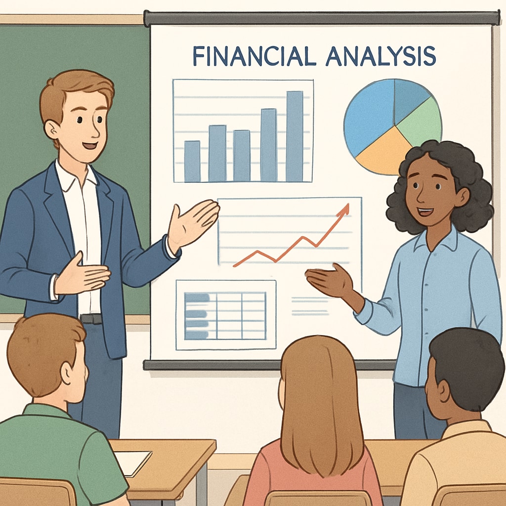 Students presenting a financial analysis project in a classroom, featuring graphs and charts on a projector screen. Students presenting a financial analysis project with charts and graphs on screen.