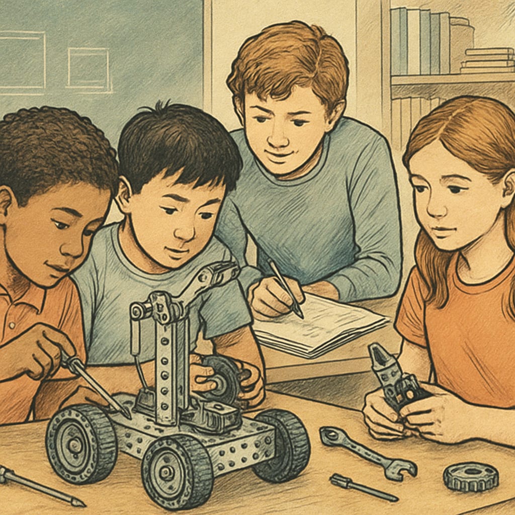 A group of K12 students working together on a robotics project, showcasing early engineering skills development. K12 students building robots, demonstrating early mechanical engineering skills.