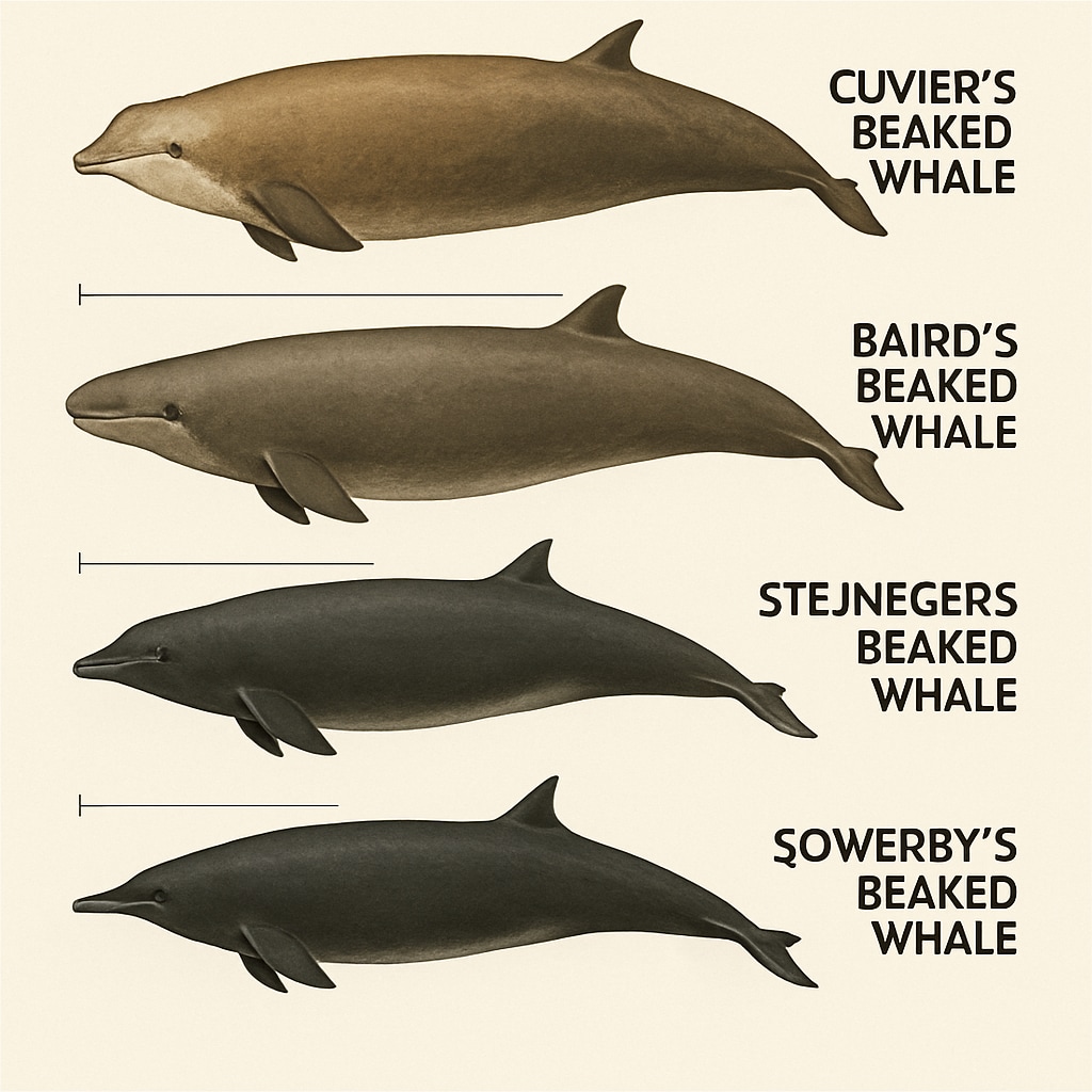 A detailed infographic displaying the physical differences between various beaked whale species, including size, coloration, and fin placement. Infographic showing physical differences between beaked whale species.