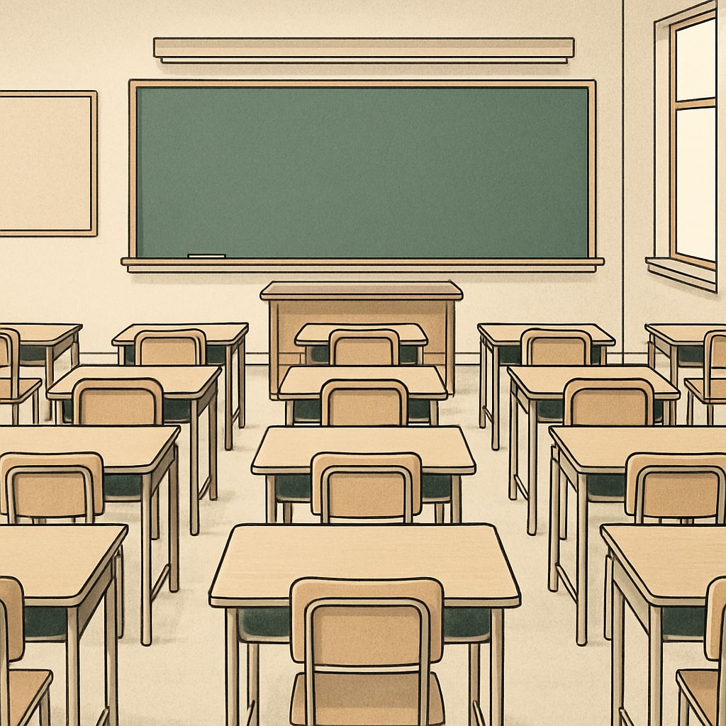 Image of empty classrooms representing Teacherless Tuesday,教师抗议,集体行动（英文）.