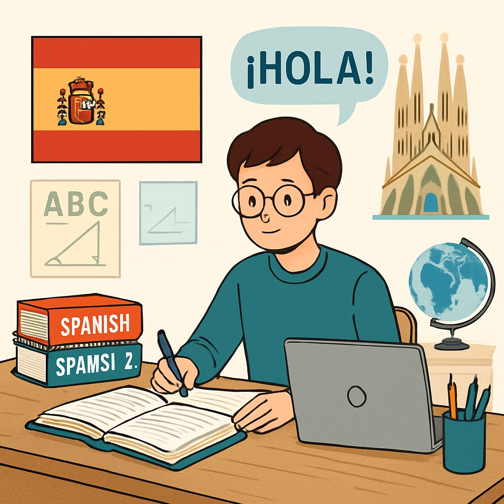 A student sitting at a desk with Spanish books and a laptop, symbolizing study abroad in Spain. A student studying for a master's degree in Spain with books and a laptop.