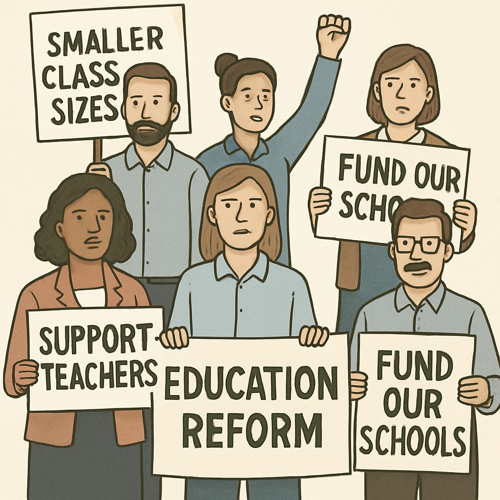 Image of teachers advocating for rights as part of Teacherless Tuesday,教师抗议,集体行动（英文）.