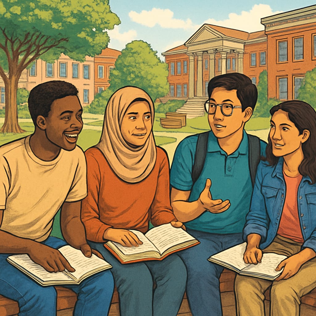A diverse group of students sitting together at a university campus, symbolizing the challenges faced by immigrant students in accessing higher education. Diverse students discussing challenges of international tuition fees and identity restrictions.