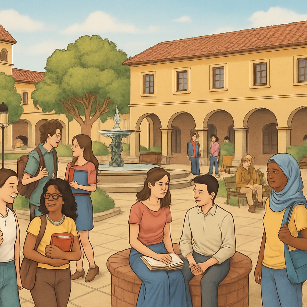 A lively Spanish plaza with students and locals interacting, reflecting cultural immersion. A Spanish plaza with students and locals engaging, symbolizing cultural adaptation.