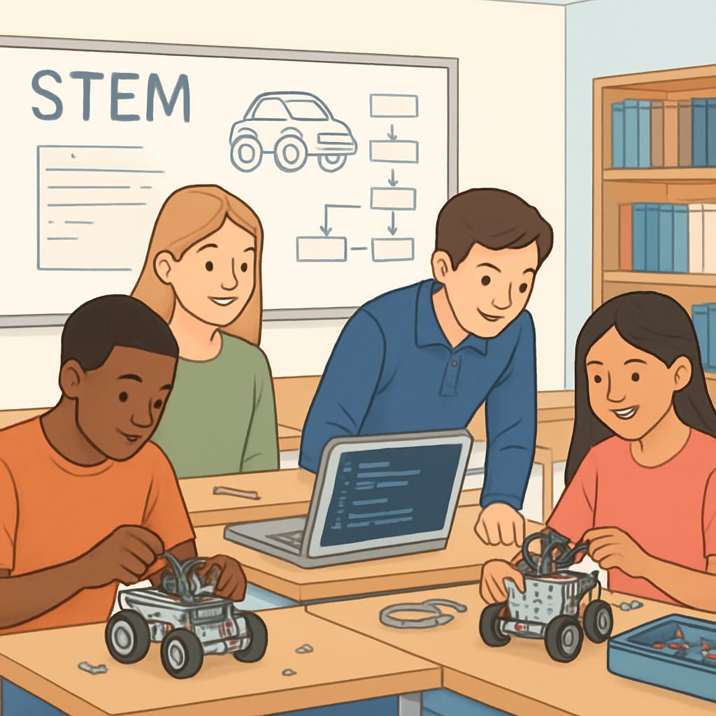 High school students collaborating on a STEM robotics project.
