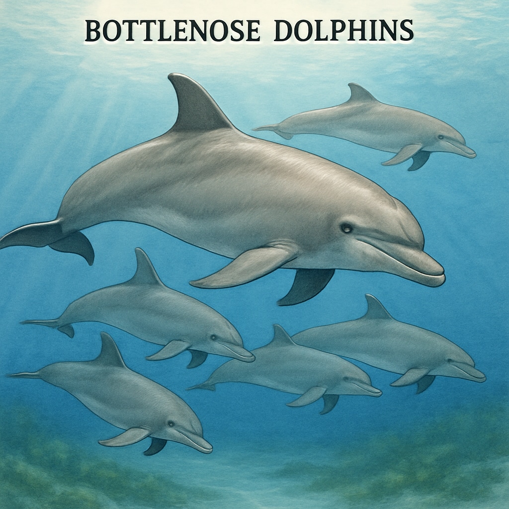 A vibrant underwater photo of a group of bottlenose dolphins swimming together in the ocean, showcasing their streamlined bodies and social behavior. Bottlenose dolphins swimming together, representing the dolphin family.