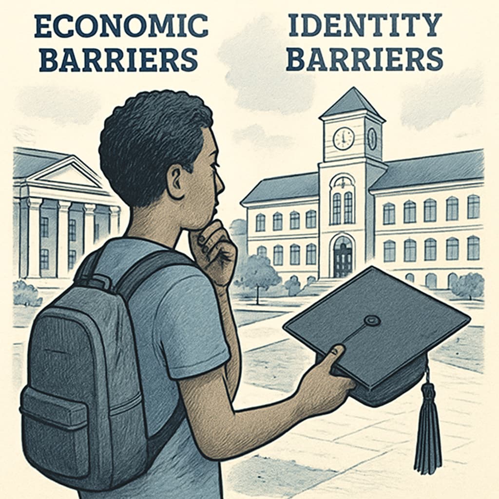 A student holding a graduation cap while looking at university buildings, symbolizing aspirations hindered by economic and identity barriers. Student facing barriers in achieving education goals due to tuition and identity restrictions.
