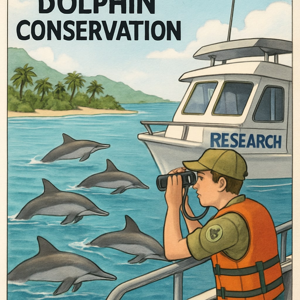 A conservationist observing a pod of spinner dolphins from a research boat in tropical waters, emphasizing the need for dolphin conservation. Spinner dolphins in tropical waters, highlighting conservation efforts.