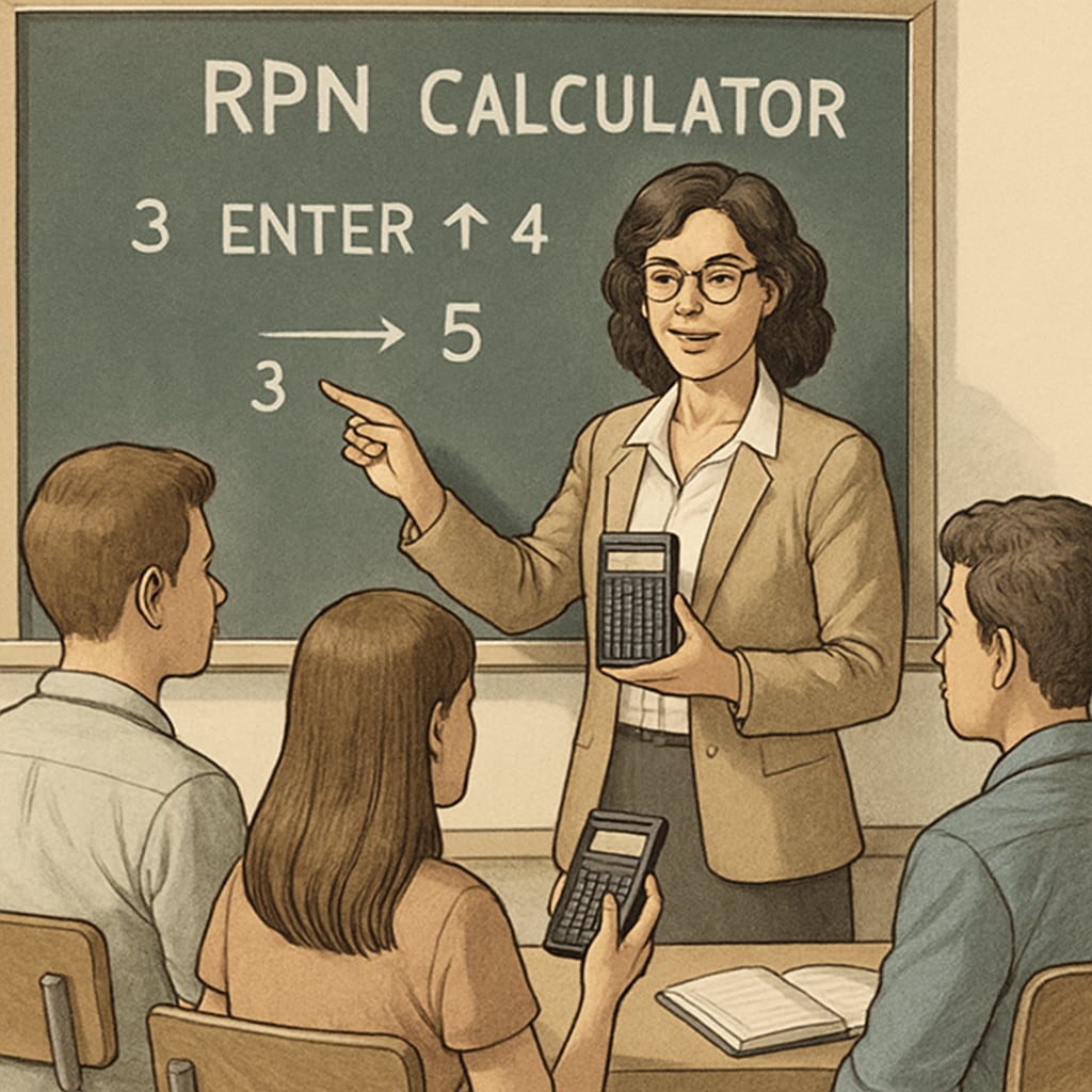 A teacher using an RPN calculator in a classroom, showing its utility for K12 education.