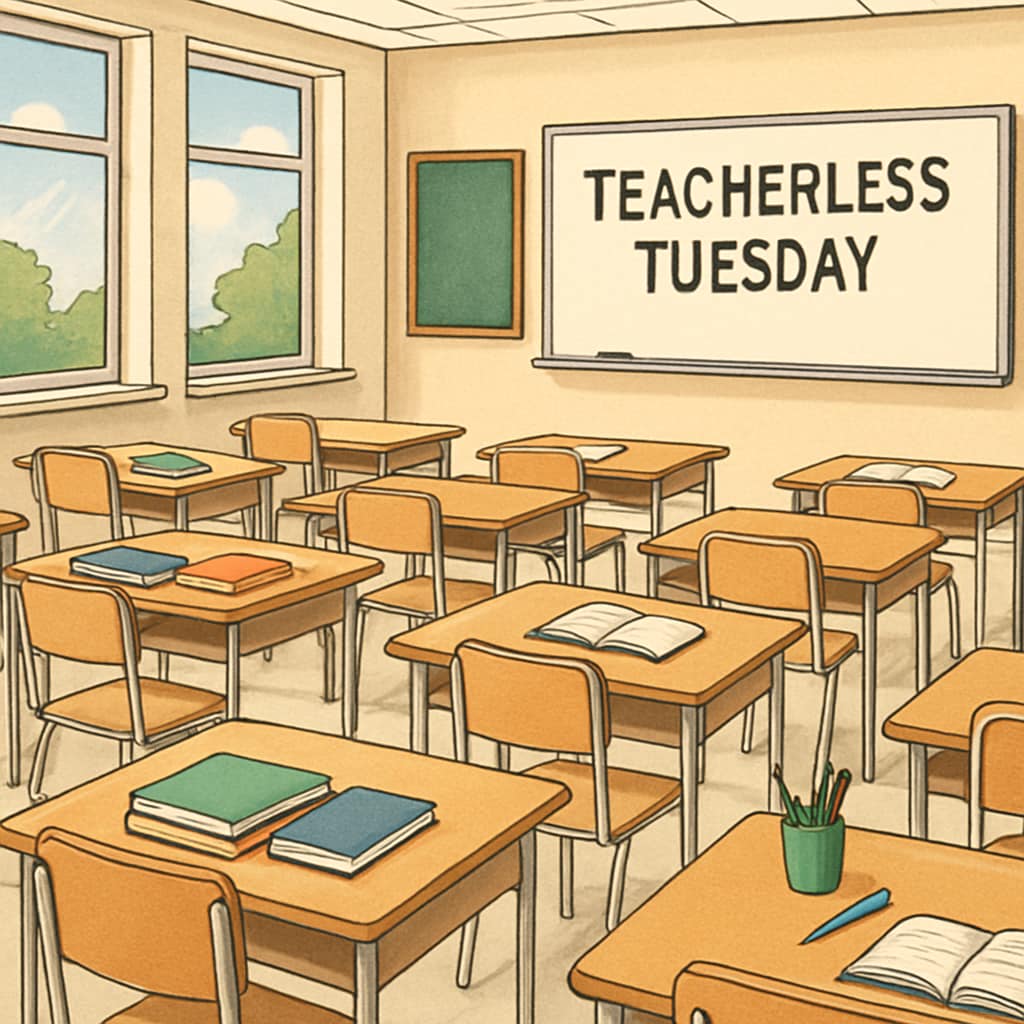 Empty classroom representing Teacherless Tuesday,教师抗议,集体请假（英文）.