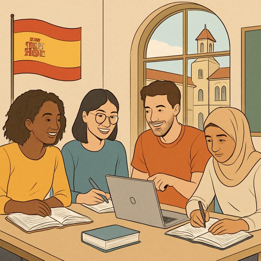 A group of international students studying together at a Spanish university, representing the multicultural student environment in Spain. International students pursuing master's degrees in Spain studying together.