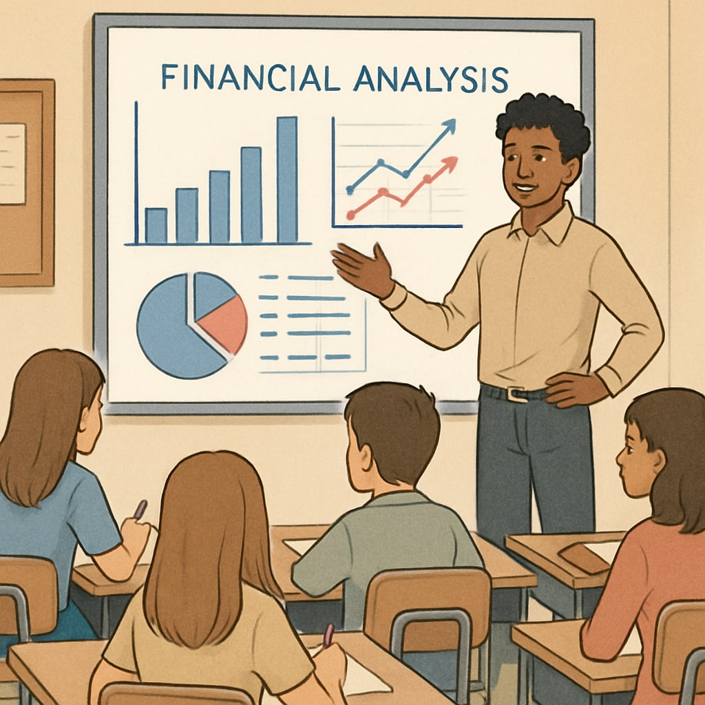 A student explaining a financial analysis project to peers.