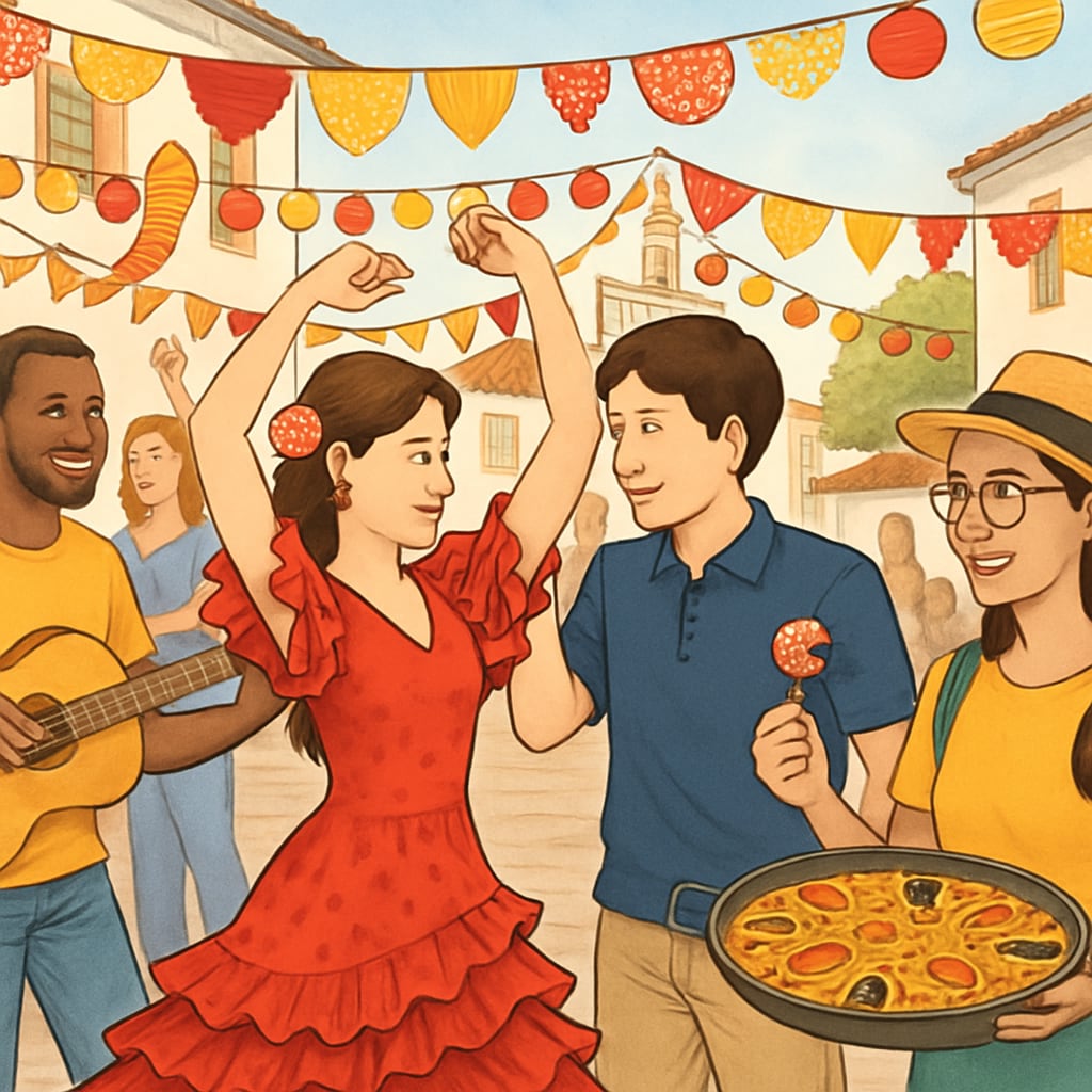 A local Spanish festival with international students participating, showcasing cultural integration and the vibrant Spanish lifestyle. International students enjoying a Spanish festival as part of cultural adaptation.