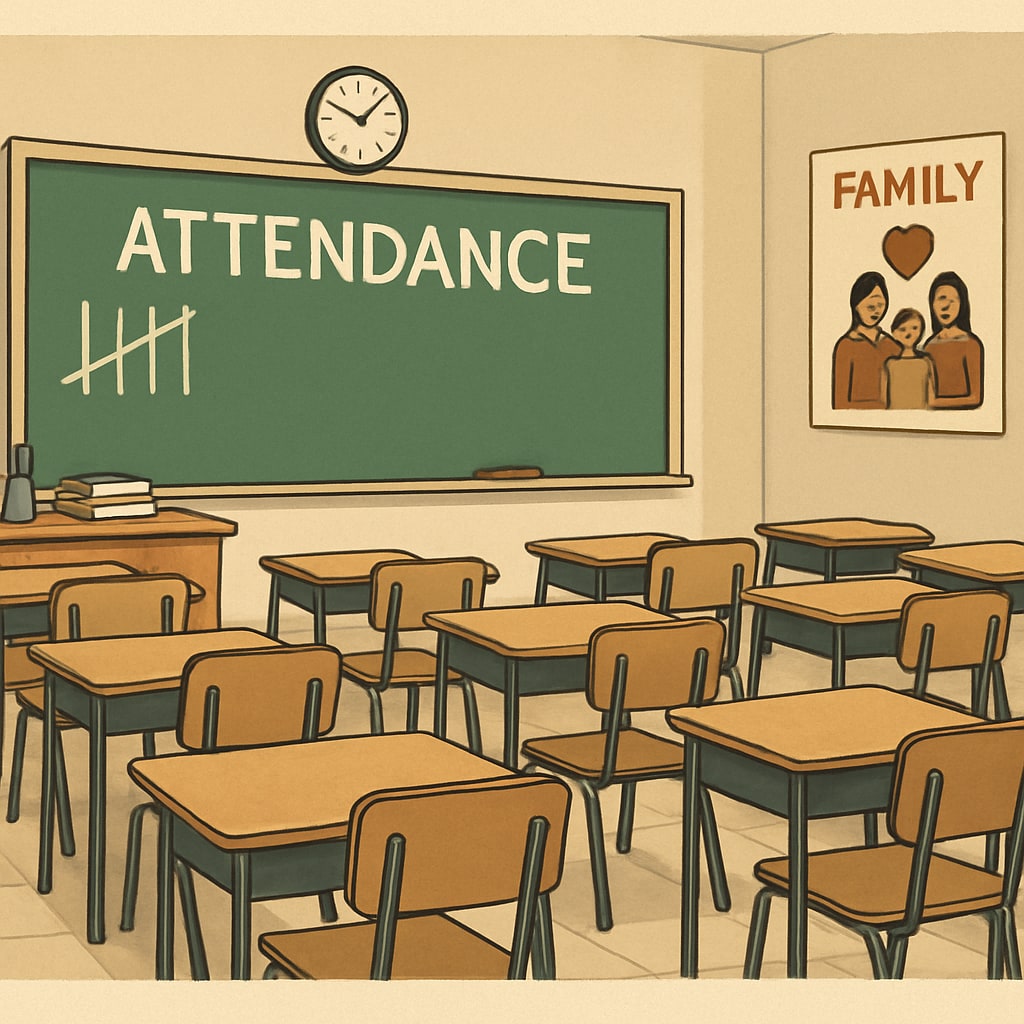 Classroom desks empty due to attendance policy conflicts.