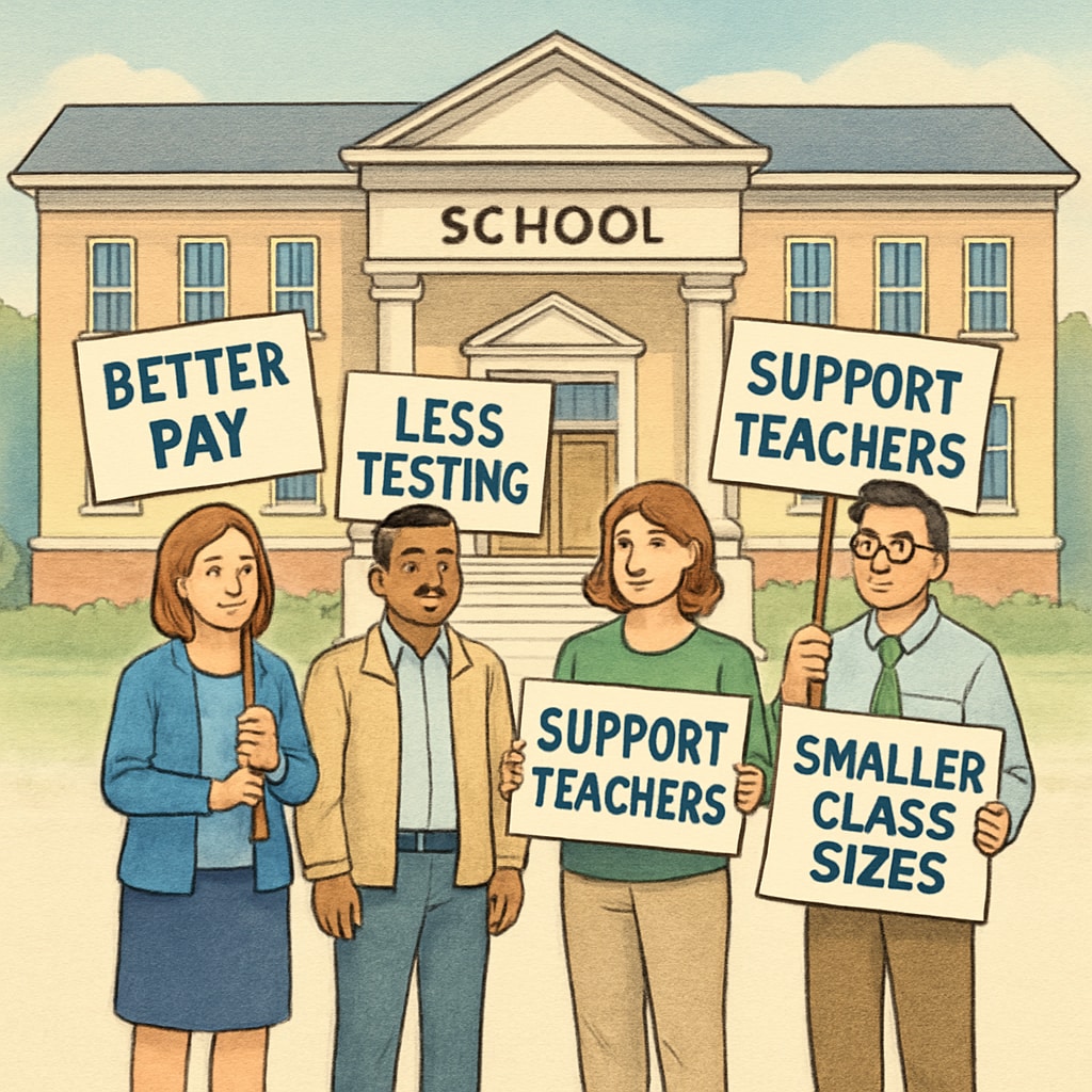 A group of teachers holding signs advocating for better working conditions, standing outside a school building. Teachers advocating for better conditions during Teacherless Tuesday protest.