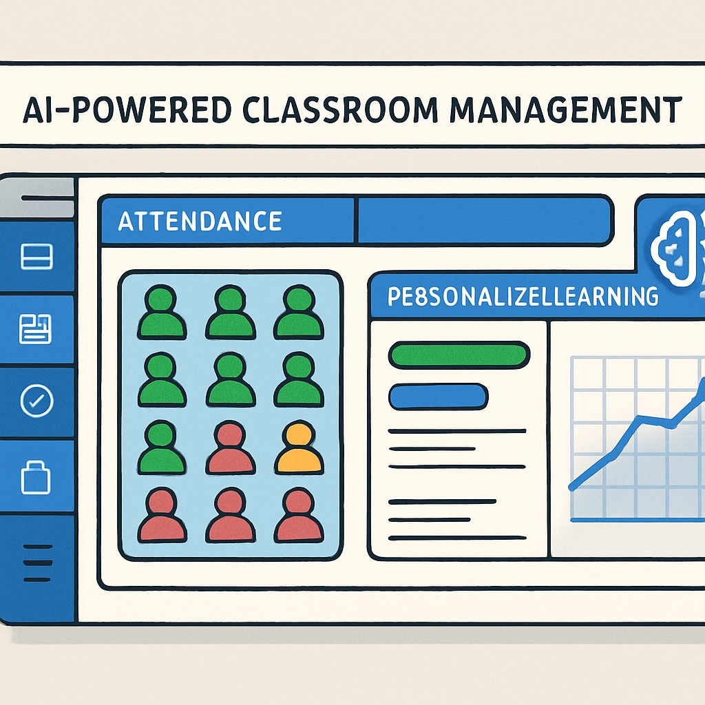 Interface of an AI-powered classroom management software, highlighting features for attendance tracking and personalized learning tools. AI-powered classroom management software interface improving teacher workload efficiency.