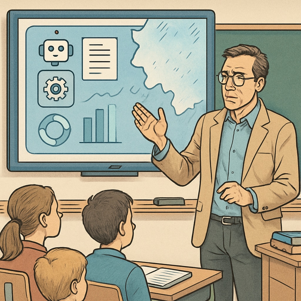 A teacher troubleshooting an AI-powered smartboard during class, emphasizing challenges of adapting to new technologies. A teacher managing technical difficulties with AI-powered tools in the classroom.
