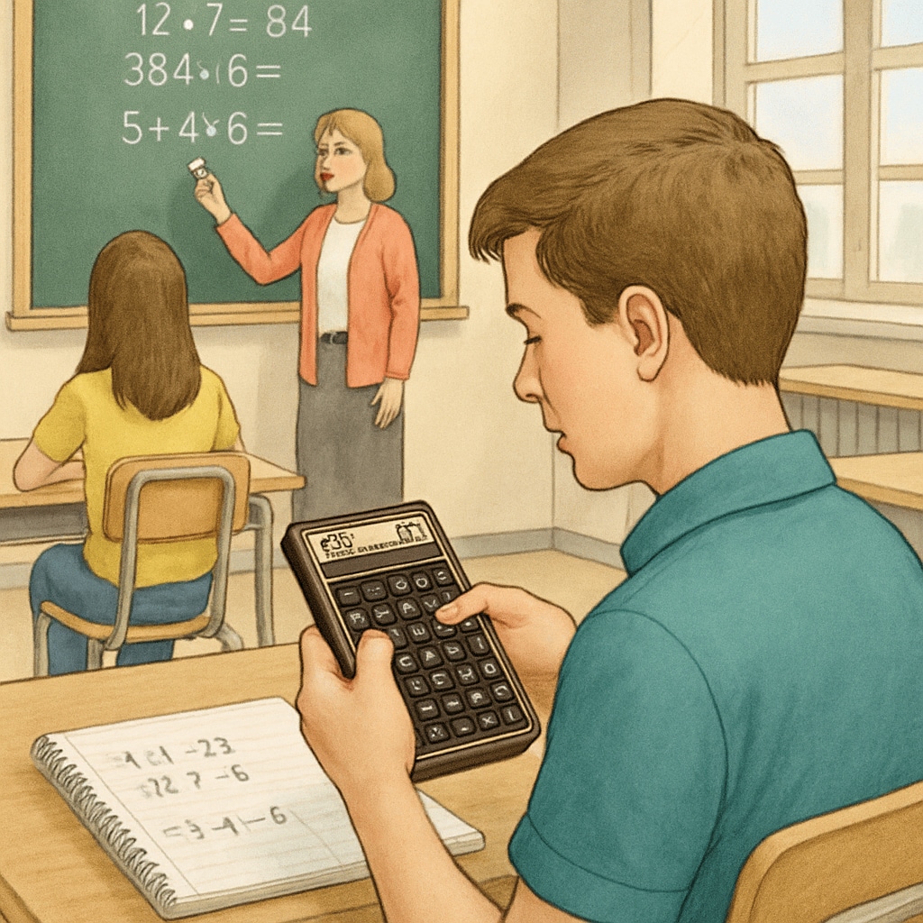 A student using an RPN calculator in a classroom setting, emphasizing its role as an educational tool. The image shows the calculator in action during a math lesson. Student using RPN calculator in a classroom setting for math learning