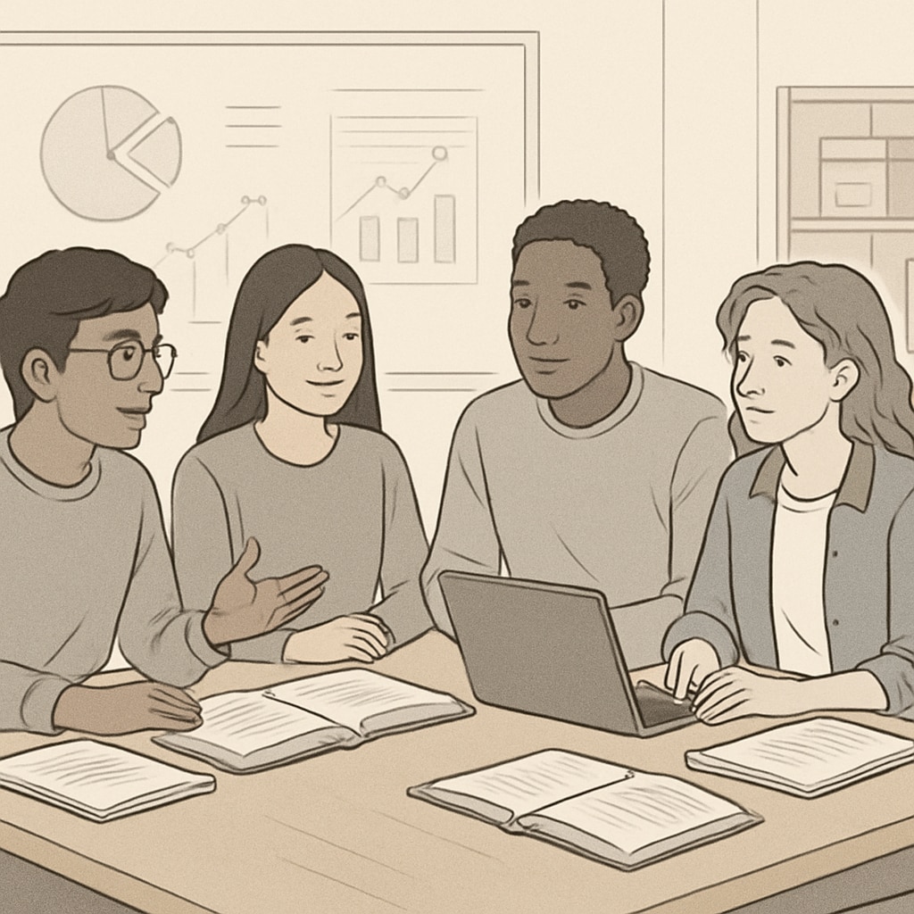 A group of diverse international students discussing affordable university options around a table. International students discussing AS-level university admission and budget-friendly options.