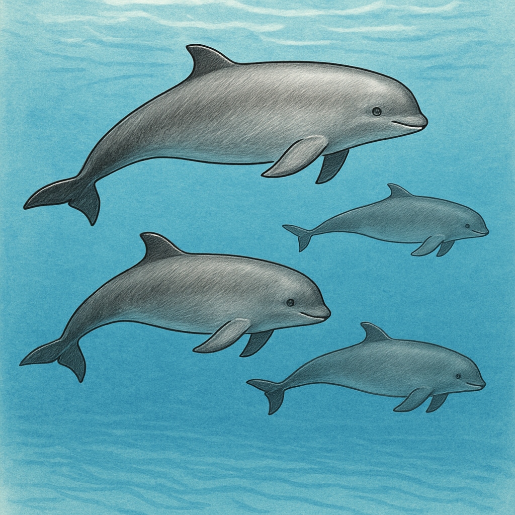 A pod of porpoises swimming in crystal blue ocean water, showcasing their streamlined bodies and rounded heads. Porpoises swimming in the ocean, a key image for marine biodiversity and species classification studies.