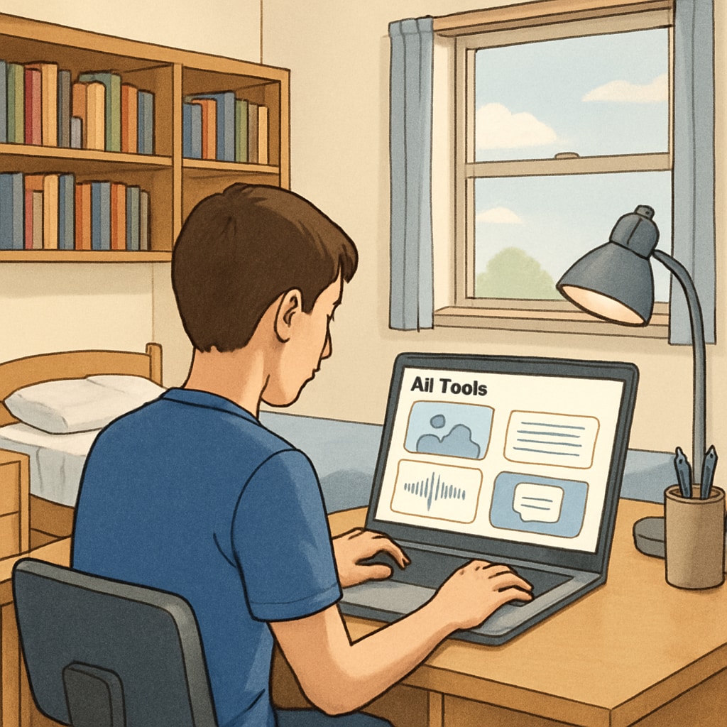 A student using various AI tools on their laptop in a dorm room setting. A college student leveraging AI subscription services for academic tasks.