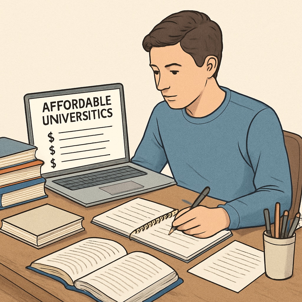A student researching affordable universities on a laptop, surrounded by books and notes. Student exploring affordable universities online within a $4,000 budget using AS-level qualifications.