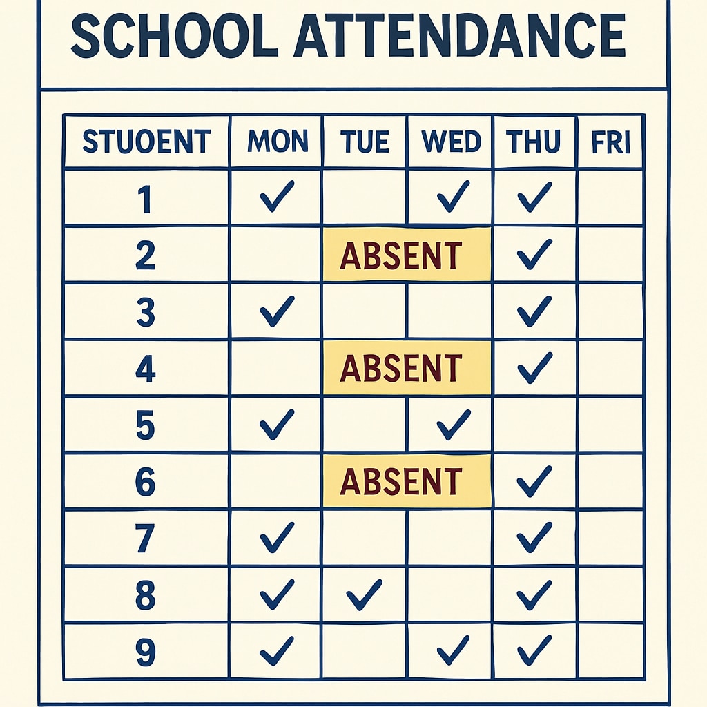 A school attendance tracker or report showing marked absences, highlighting the importance of attendance policies in education. School attendance tracker highlighting absences and attendance policies.
