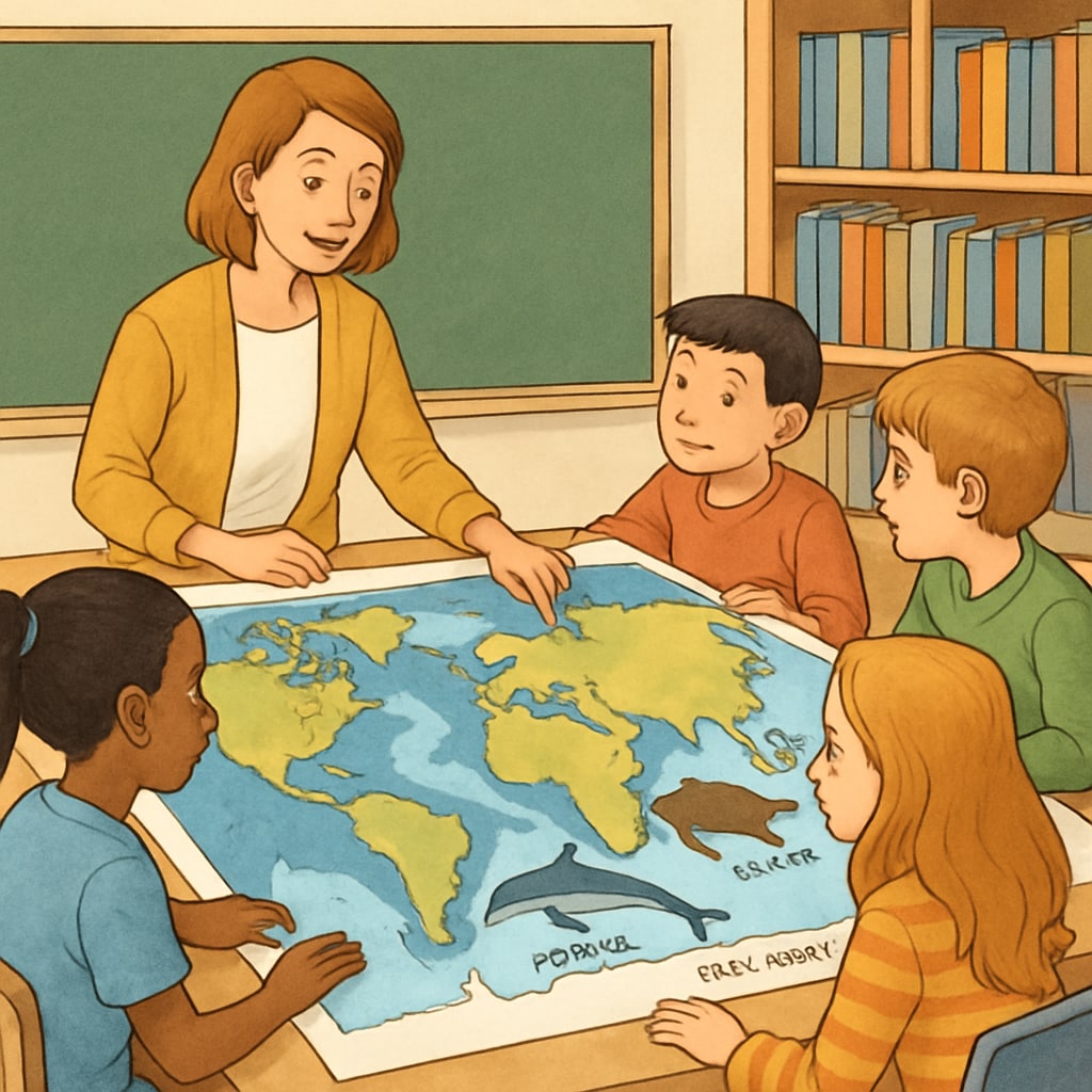 A classroom scene where students are examining a large world map with marine animal species distribution, including porpoises. Students learning about porpoises and marine biodiversity in a classroom setting.