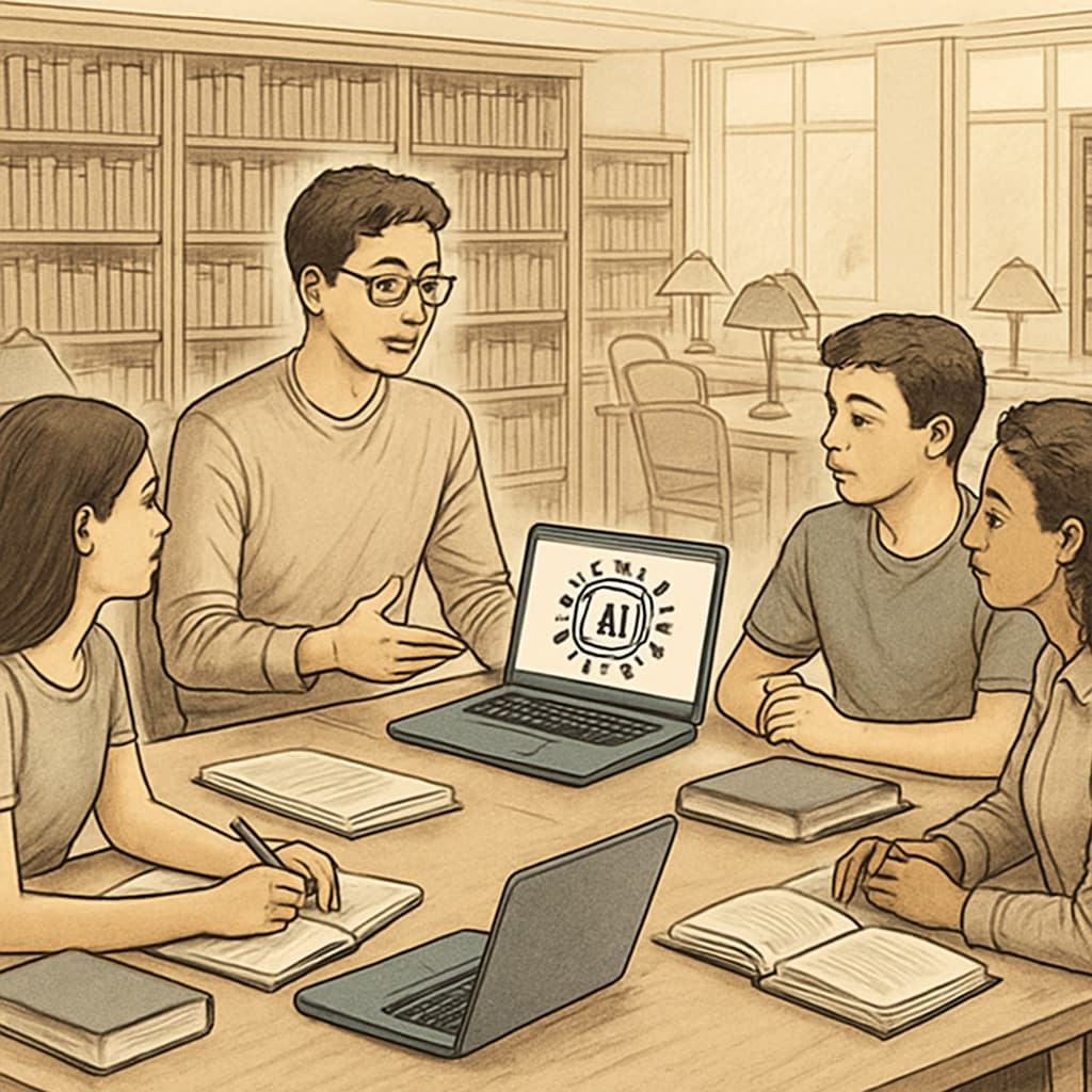 A college student conducting an AI tutoring session with peers in a library. A student tutoring others on how to use AI tools effectively.