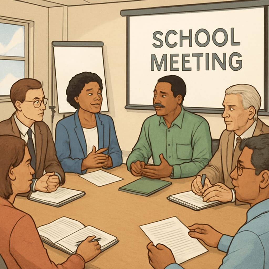 A school meeting involving educators and community leaders discussing attendance policies and disciplinary measures. Educators and community leaders discussing attendance policies and disciplinary actions.